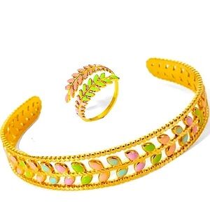 Gold Plated Leaf Design Multicolor Bangle Bracelet Ring Set